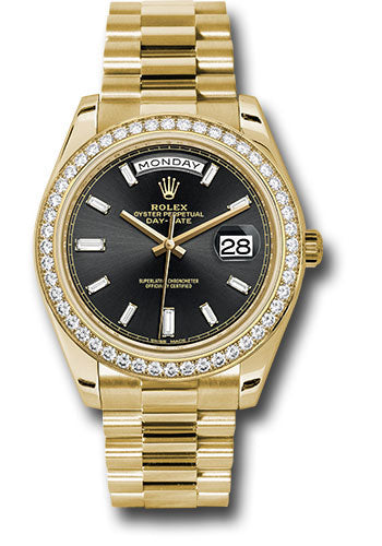 Rolex Yellow Gold Day-Date 40 Watch -  Bezel - Black Baguette Diamond Dial - President Bracelet - 228348RBR bkbdp