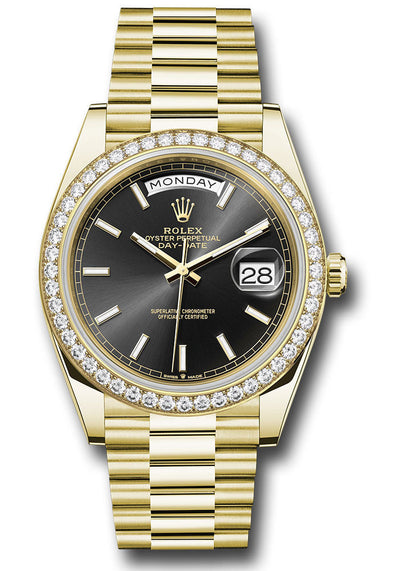 Rolex Yellow Gold Day-Date 40 Watch - Diamond Bezel - Black Index Dial - President Bracelet - 228348rbr bkip