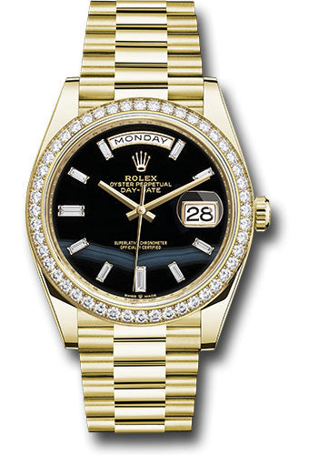Rolex Yellow Gold Day-Date 40 Watch - Diamond Bezel - Onyx Dial - President Bracelet - 228348rbr onbdp