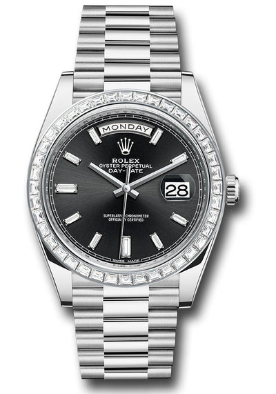 Rolex 950 Platinum Day-Date 40 Watch - Baguette Diamond Bezel - Black Baguette Diamond Dial - President Bracelet - 228396TBR bkbdp