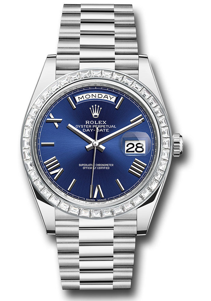 Rolex 950 Platinum Day-Date 40 Watch - Baguette Diamond Bezel - Blue Bevelled Roman Dial - President Bracelet - 228396TBR blrp