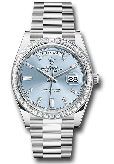 Rolex 950 Platinum Day-Date 40 Watch - Baguette Diamond Bezel - Ice Blue Baguette Diamond Dial - President Bracelet - 228396TBR ibbdp