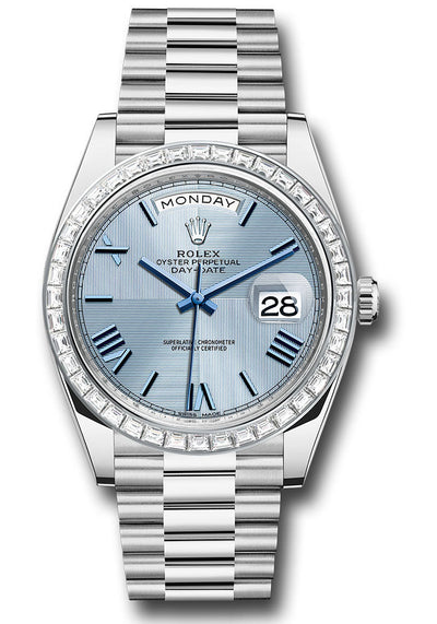Rolex 950 Platinum Day-Date 40 Watch - Baguette Diamond Bezel - Ice Blue Quadrant Motif Bevelled Roman Dial - President Bracelet - 228396TBR ibqmrp