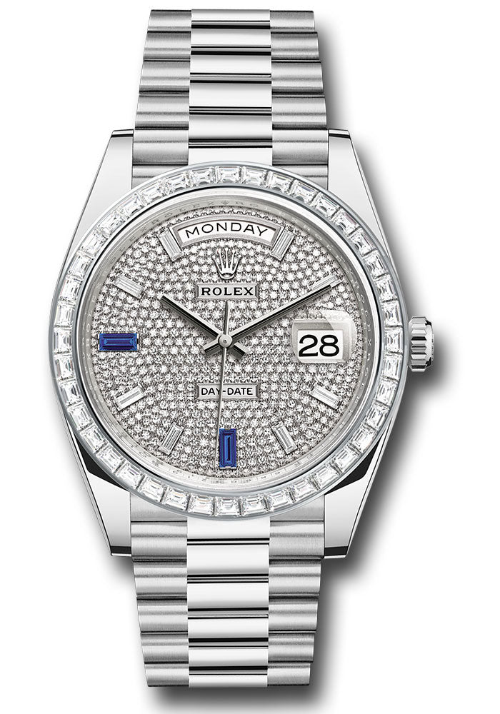 Rolex Platinum Day-Date 40 Watch - Baguette Diamond Bezel - Diamond And Sapphire Paved Diamond Dial - President Bracelet - 228396tbr dp7d2sp