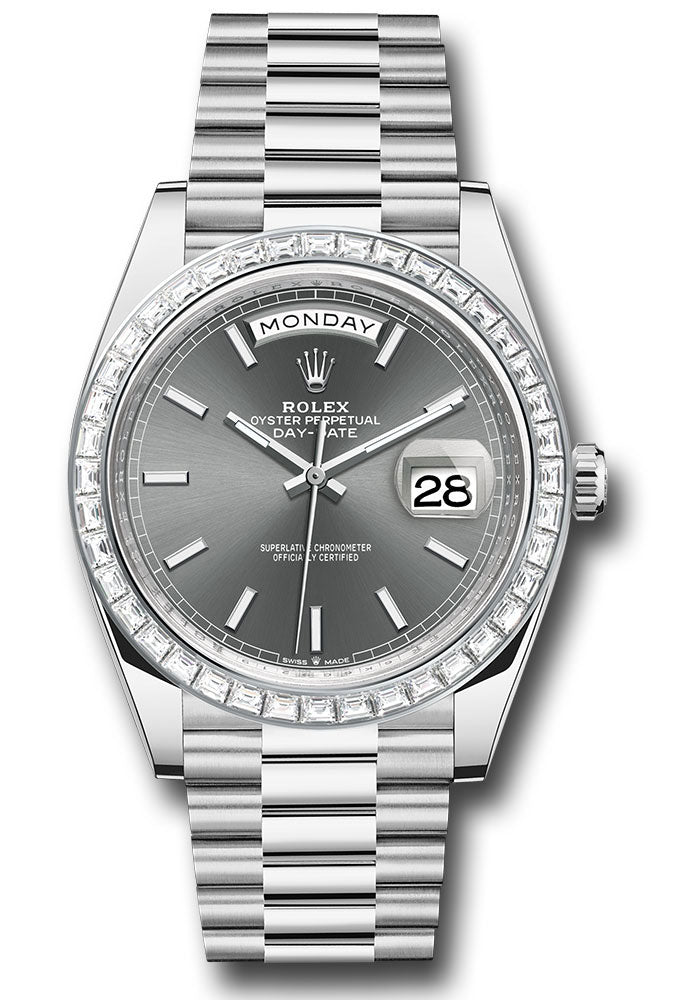 Rolex Platinum Day-Date 40 Watch - Baguette Diamond Bezel - Slate Index Dial - President Bracelet - 228396tbr slip