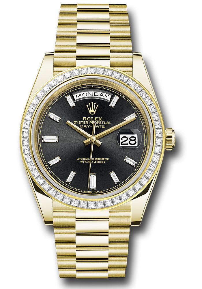 Rolex Yellow Gold Day-Date 40 Watch - Yellow Gold Bezel - Black Baguette Diamond Dial - President Bracelet - 228398TBR bkbdp