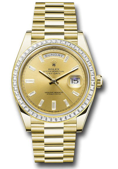 Rolex Yellow Gold Day-Date 40 Watch - Baguette Diamond Bezel - Champagne Baguette Diamond Dial - President Bracelet - 228398TBR chbdp