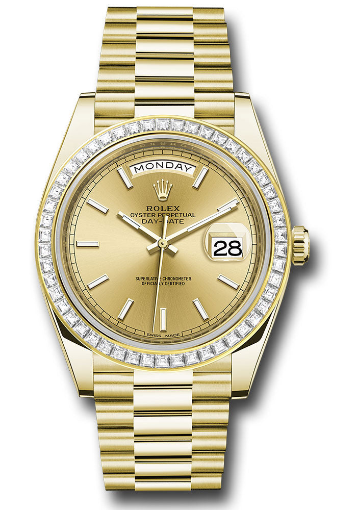 Rolex Yellow Gold Day-Date 40 Watch - Baguette Diamond Bezel - Champagne Index Dial - President Bracelet - 228398TBR chip