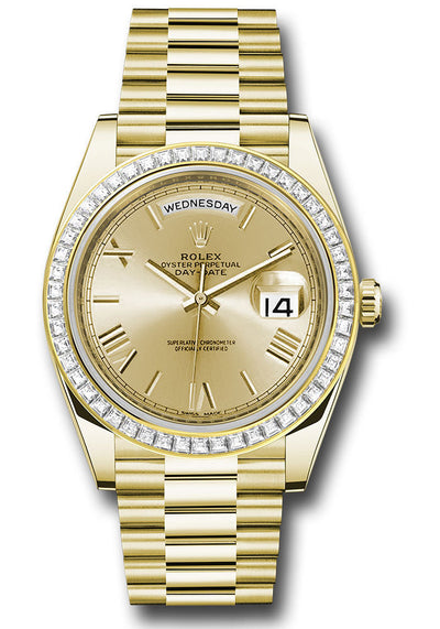 Rolex Yellow Gold Day-Date 40 Watch - Baguette Diamond Bezel - Champagne Bevelled Roman Dial - President Bracelet - 228398TBR chrp