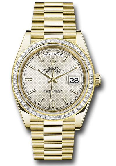 Rolex Yellow Gold Day-Date 40 Watch - Baguette Diamond Bezel - Silver Diagonal Motif Index Dial - President Bracelet - 228398TBR sdmip