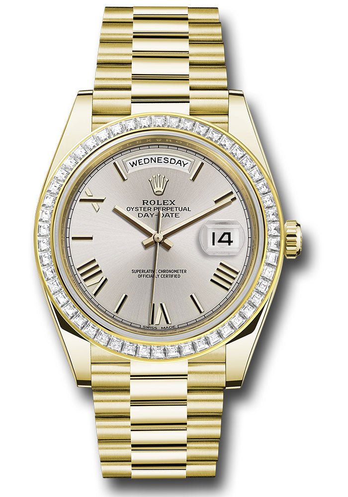 Rolex Yellow Gold Day-Date 40 Watch - Baguette Diamond Bezel - Silver Bevelled Roman Dial - President Bracelet - 228398TBR sdrp