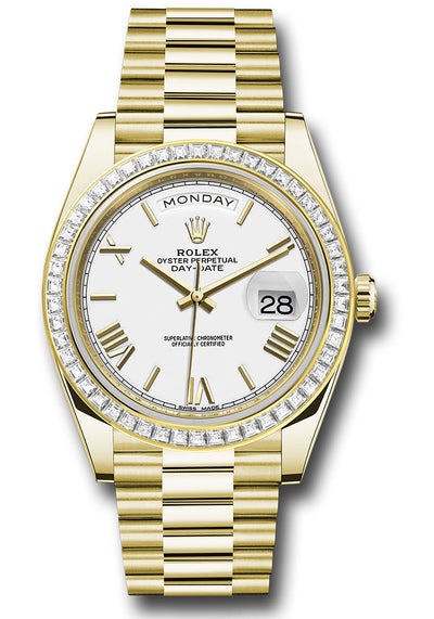 Rolex Yellow Gold Day-Date 40 Watch - Baguette Diamond Bezel - White Bevelled Roman Dial - President Bracelet - 228398TBR wrp
