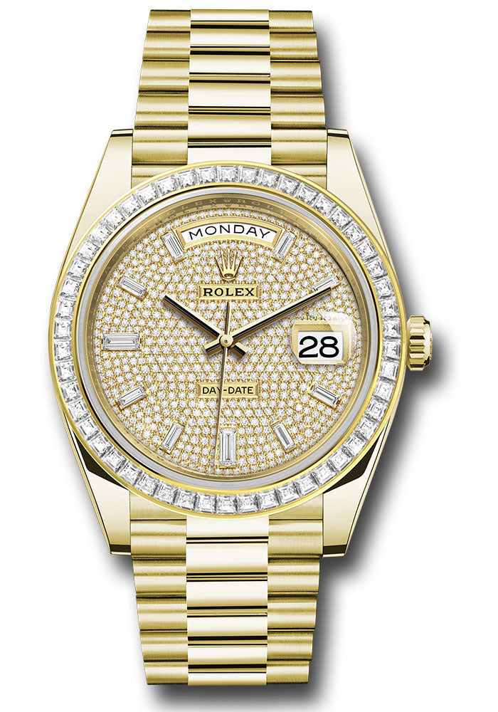 Rolex Yellow Gold Day-Date 40 Watch - Baguette Diamond Bezel - Diamond-Paved Dial - President Bracelet - 228398tbr dpbdp