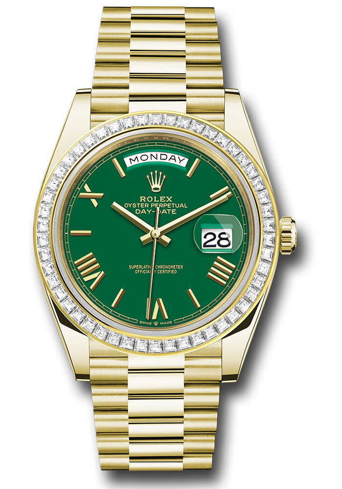 Rolex Yellow Gold Day-Date 40 Watch - Baguette Diamond Bezel - Green Roman Dial - President Bracelet - 228398tbr grrp