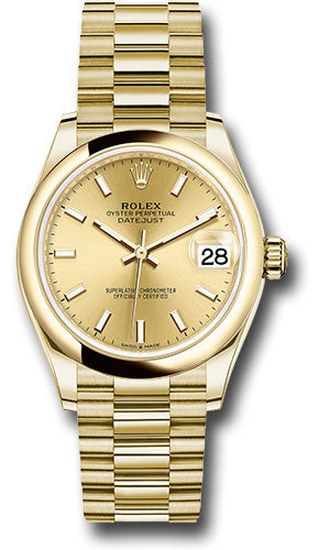Rolex Yellow Gold Datejust 31 Watch - Domed Bezel - Champagne Index Dial - President Bracelet - 278248 chip