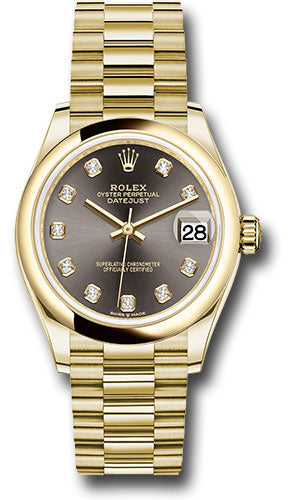 Rolex Yellow Gold Datejust 31 Watch - Domed Bezel - Dark Grey Diamond Dial - President Bracelet - 278248 dkgdp