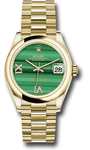 Rolex Yellow Gold Datejust 31 Watch - Domed Bezel - Malachite Diamond Six and Nine Dial - President Bracelet - 278248 madr69p