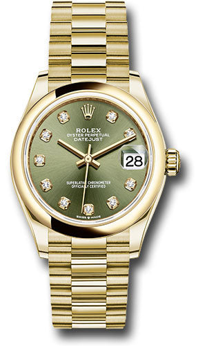 Rolex Yellow Gold Datejust 31 Watch - Domed Bezel - Olive Green Diamond Dial - President Bracelet - 278248 ogdp