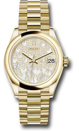 Rolex Yellow Gold Datejust 31 Watch - Domed Bezel - Paved Mother-of-Pearl Butterfly Dial - President Bracelet - 278248 pmopbp