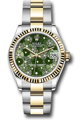 Rolex Yellow Rolesor Datejust 31 Watch - Fluted Bezel - Olive Green Floral Motif Diamond 6 Dial - Oyster Bracelet - 278273 ogflomdo