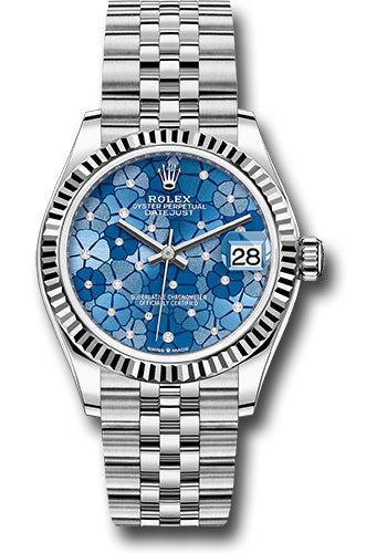 Rolex White Rolesor Datejust 31 Watch - Fluted Bezel - Azzurro Blue Floral Motif Diamond Dial - Jubilee Bracelet - 278274 azflomdj