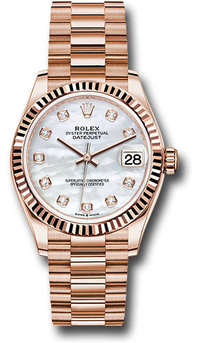 Rolex Everose Gold Datejust 31 Watch - Fluted Bezel - Silver Diamond Dial - President Bracelet - 278275 mdp
