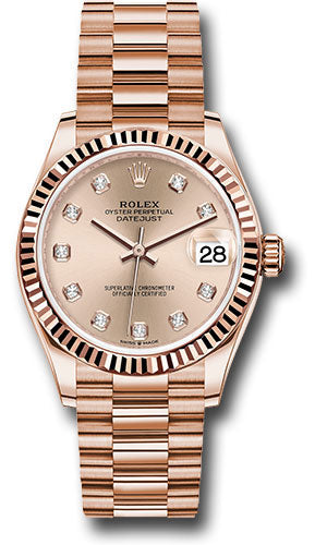 Rolex Everose Gold Datejust 31 Watch - Fluted Bezel - RosŽ Diamond Dial - President Bracelet - 278275 rsdp