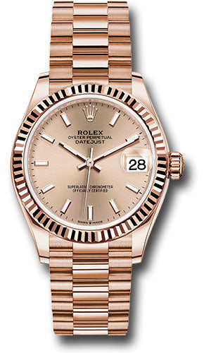 Rolex Everose Gold Datejust 31 Watch - Fluted Bezel - RosŽ Index Dial - President Bracelet - 278275 rsip