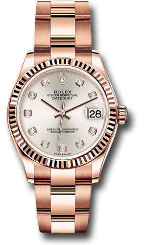 Rolex Everose Gold Datejust 31 Watch - Fluted Bezel - Silver Diamond Dial - Oyster Bracelet - 278275 sdo