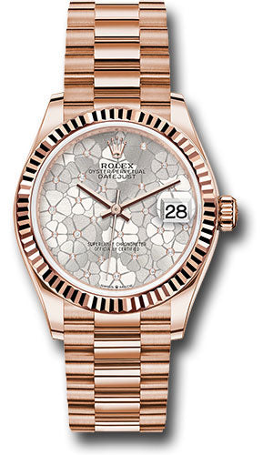 Rolex Everose Gold Datejust 31 Watch - Fluted Bezel - Silver Floral Motif Diamond Dial - President Bracelet - 278275 sflomdp