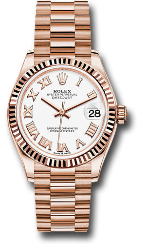 Rolex Everose Gold Datejust 31 Watch - Fluted Bezel - White Roman Dial - President Bracelet - 278275 wrp