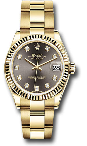 Rolex Yellow Gold Datejust 31 Watch - Fluted Bezel - Dark Grey Diamond Dial - Oyster Bracelet - 278278 dkgdo