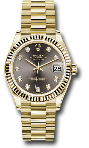 Rolex Yellow Gold Datejust 31 Watch - Fluted Bezel - Dark Grey Diamond Dial - President Bracelet - 278278 dkgdp