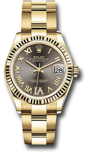 Rolex Yellow Gold Datejust 31 Watch - Fluted Bezel - Dark Grey Diamond Six Dial - Oyster Bracelet - 278278 dkgdr6o