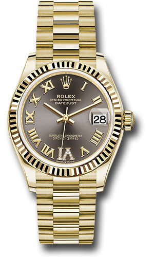 Rolex Yellow Gold Datejust 31 Watch - Fluted Bezel - Dark Grey Diamond Six Dial - President Bracelet - 278278 dkgdr6p