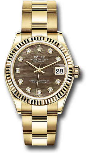 Rolex Yellow Gold Datejust 31 Watch - Fluted Bezel - Dark Mother-of-Pearl Diamond Dial - Oyster Bracelet - 278278 dkmdo