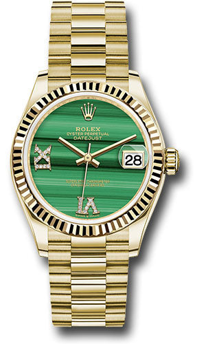 Rolex Yellow Gold Datejust 31 Watch - Fluted Bezel - Malachite Diamond Six and Nine Dial - President Bracelet - 278278 madr69p