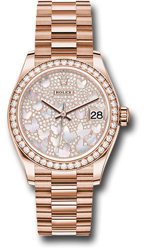 Rolex Everose Gold Datejust 31 Watch - Diamond Bezel - Diamond Paved Butterfly Dial - President Bracelet - 278285RBR pmopbp
