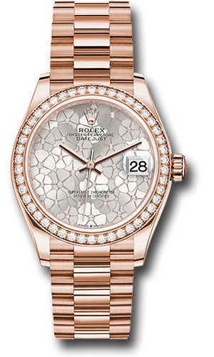 Rolex Everose Gold Datejust 31 Watch - Diamond Bezel - Silver Floral Motif Diamond Dial - President Bracelet - 278285rbr sflomdp