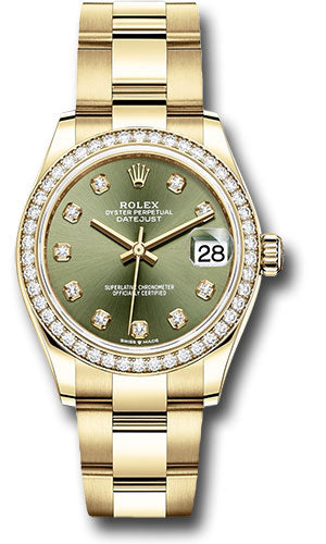 Rolex Yellow Gold Datejust 31 Watch - Diamond Bezel - Olive Green Diamond Dial - Oyster Bracelet - 278288RBR ogdo