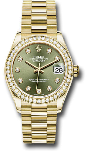 Rolex Yellow Gold Datejust 31 Watch - Diamond Bezel - Olive Green Diamond Dial - President Bracelet - 278288RBR ogdp