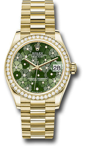Rolex Yellow Gold Datejust 31 Watch - Diamond Bezel - Olive Green Floral Motif Diamond 6 Dial - President Bracelet - 278288rbr ogflomdp