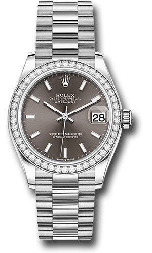 Rolex White Gold Datejust 31 Watch - Diamond Bezel - Dark Grey Index Dial - President Bracelet - 278289rbr dkgip