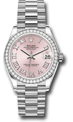 Rolex White Gold Datejust 31 Watch - Diamond Bezel - Pink Roman Dial - President Bracelet - 278289rbr prp