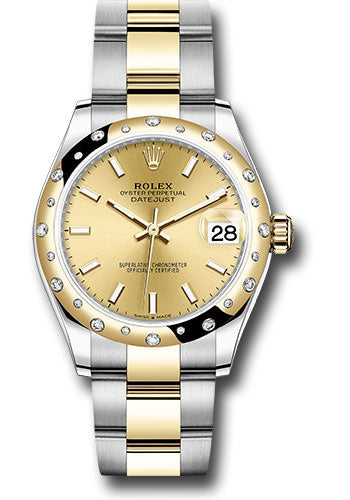 Rolex Steel and Yellow Gold Datejust 31 Watch - Domed Diamond Bezel - Champagne Index Dial - Oyster Bracelet - 278343 chio