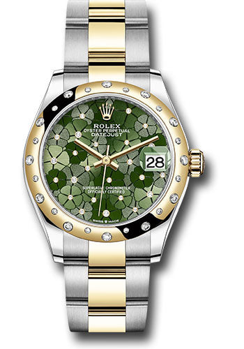 Rolex Yellow Rolesor Datejust 31 Watch - Domed, Diamond Bezel - Olive Green Floral Motif Diamond 6 Dial - Oyster Bracelet - 278343rbr ogflomdo