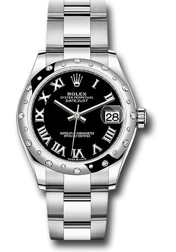 Rolex Steel and White Gold Datejust 31 Watch - Domed 24 Diamond Bezel - Black Roman Dial - Oyster Bracelet - 278344RBR bkro