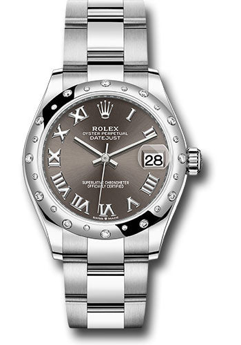 Rolex Steel and White Gold Datejust 31 Watch - Domed 24 Diamond Bezel - Dark Grey Roman Dial - Oyster Bracelet - 278344RBR dkgro
