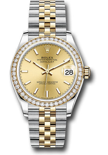 Rolex Steel and Yellow Gold Datejust 31 Watch - Diamond Bezel - Champagne Index Dial - Jubilee Bracelet - 278383RBR chij