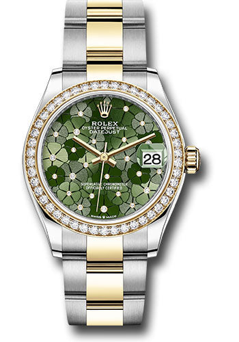 Rolex Yellow Rolesor Datejust 31 Watch - Diamond Bezel - Olive Green Floral Motif Diamond 6 Dial - Oyster Bracelet - 278383rbr ogflomdo